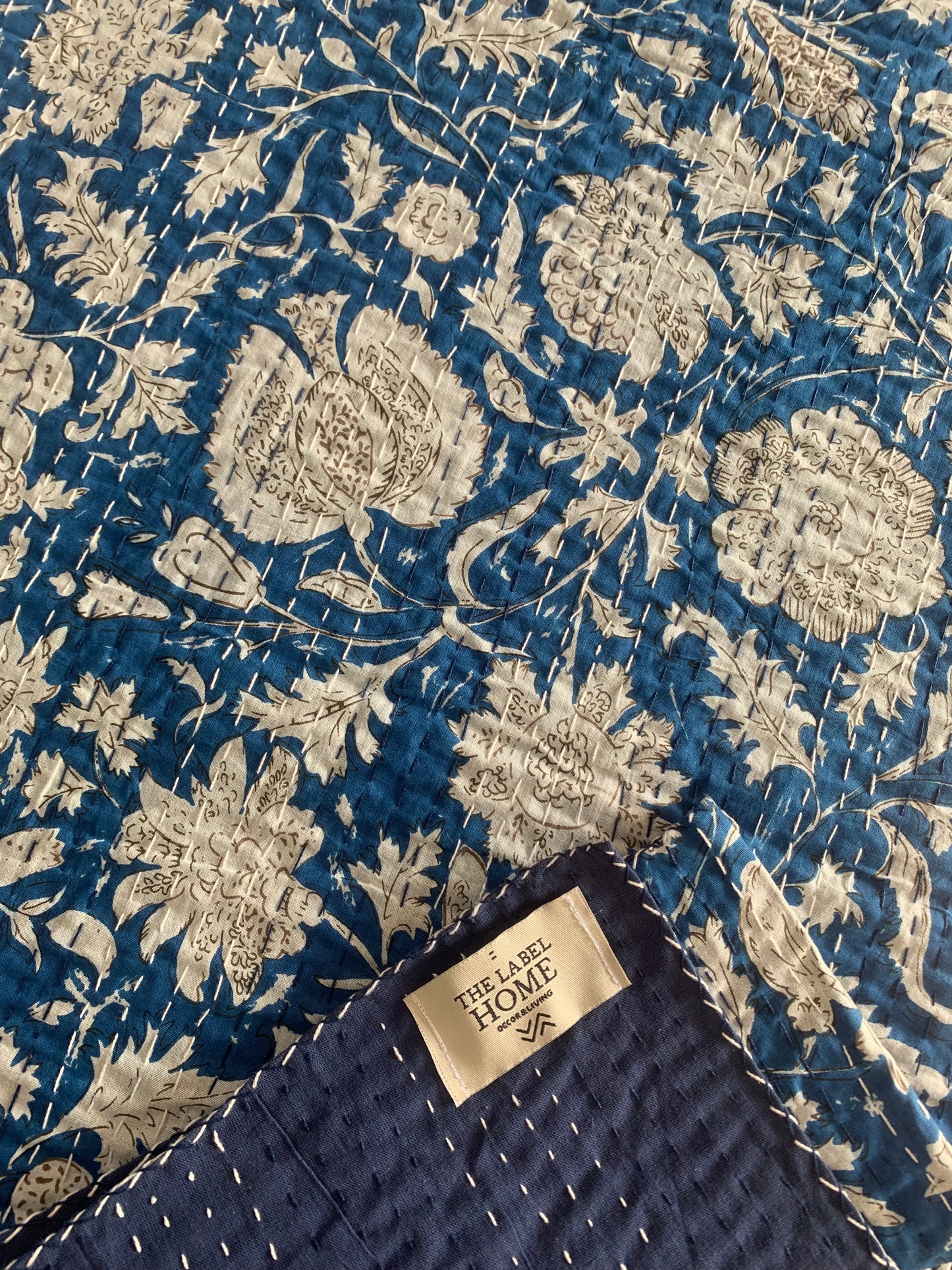 Rich Blue Floral Home Kantha Stitch Cotton Bedcover