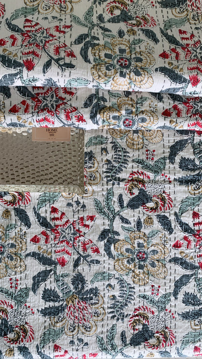 Handmade Cotton Kantha Bedcover | Floral Snow, Soft