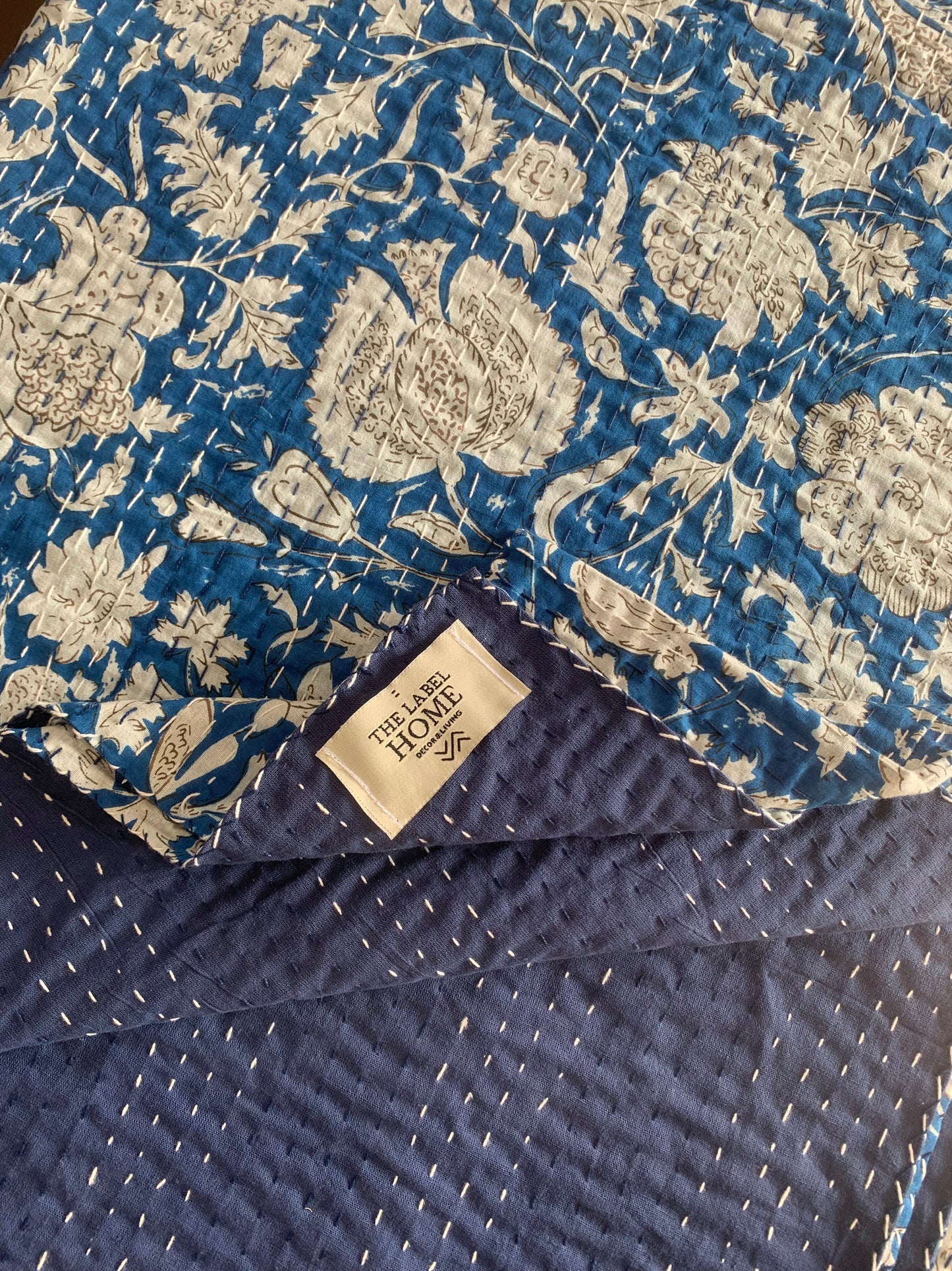 Rich Blue Floral Home Kantha Stitch Cotton Bedcover