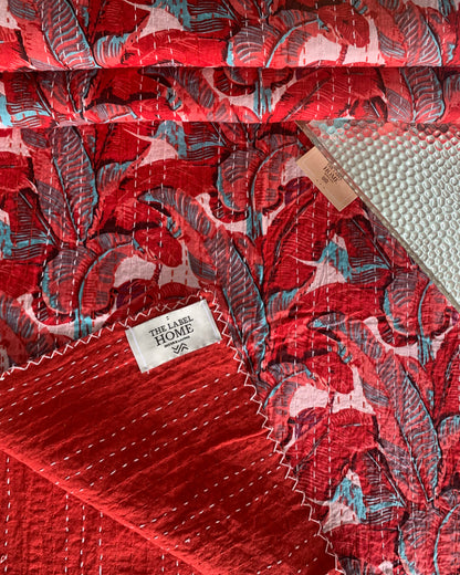 Festive Red Kantha Bedcover - The Label Home