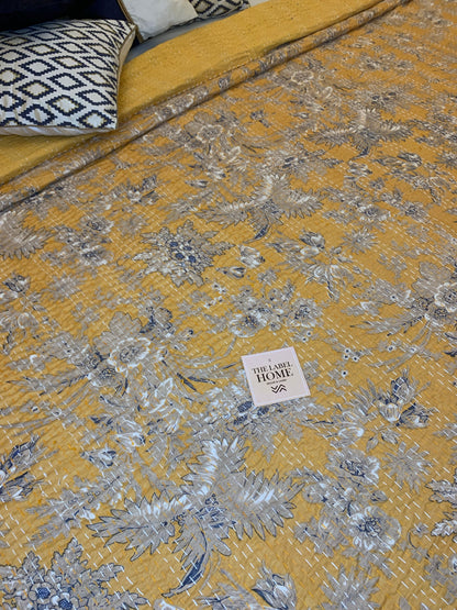 Mustard Red Grey Blue Kantha Bedcover-The Label Home