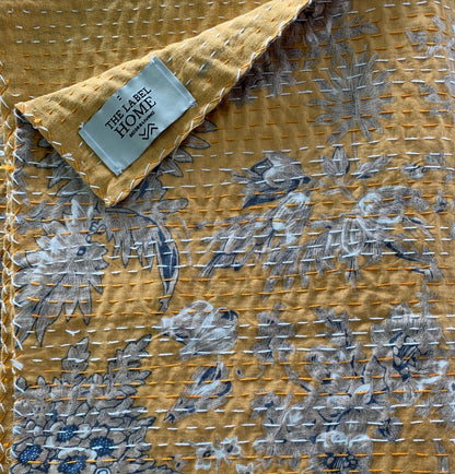 Mustard Red Grey Blue Kantha Bedcover-The Label Home