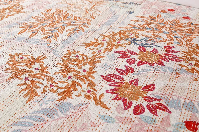 Tropical Sunrise Bloom Kantha Stitch Cotton Bedcover