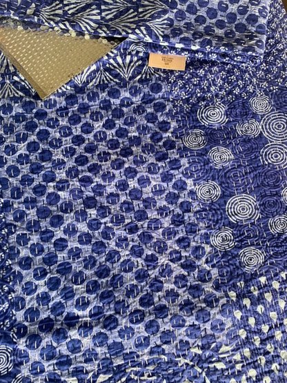 Handmade Cotton Kantha Bedcover - Indigo Patch Field Quilt