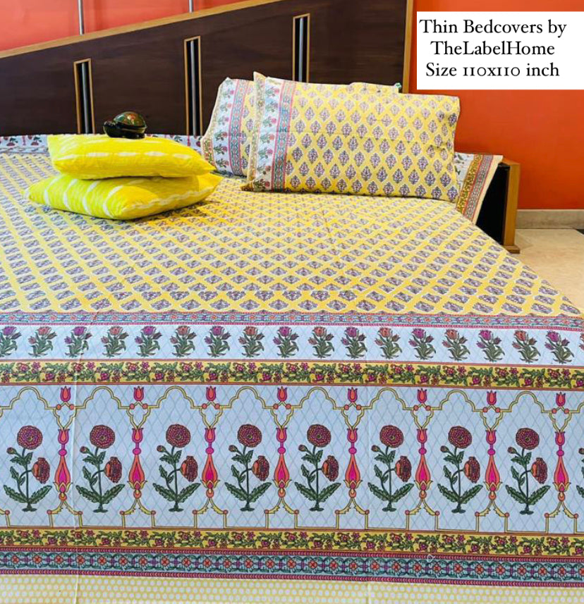 Yellow Royal Villa Thin Cotton Printed Bedspread Bedcover (Jumbo King Size)