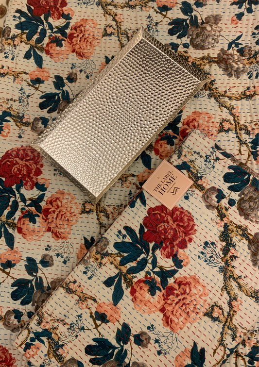 White floral Kantha cotton bedcover – Handmade, artisanal