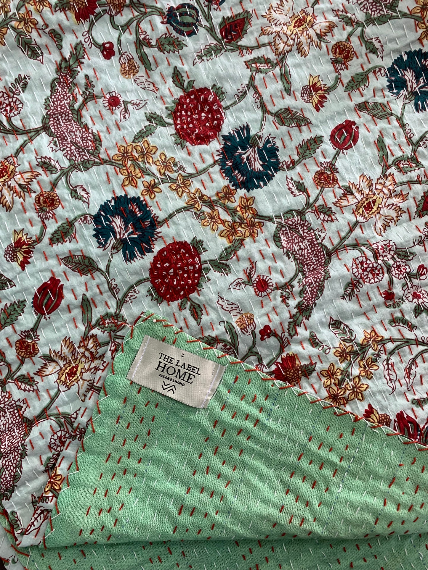 Sea Green Floral Kantha Stitch Cotton Bedcover