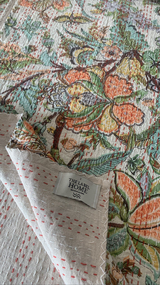 Crystal Bloom Kantha Bedcover-The Label Home