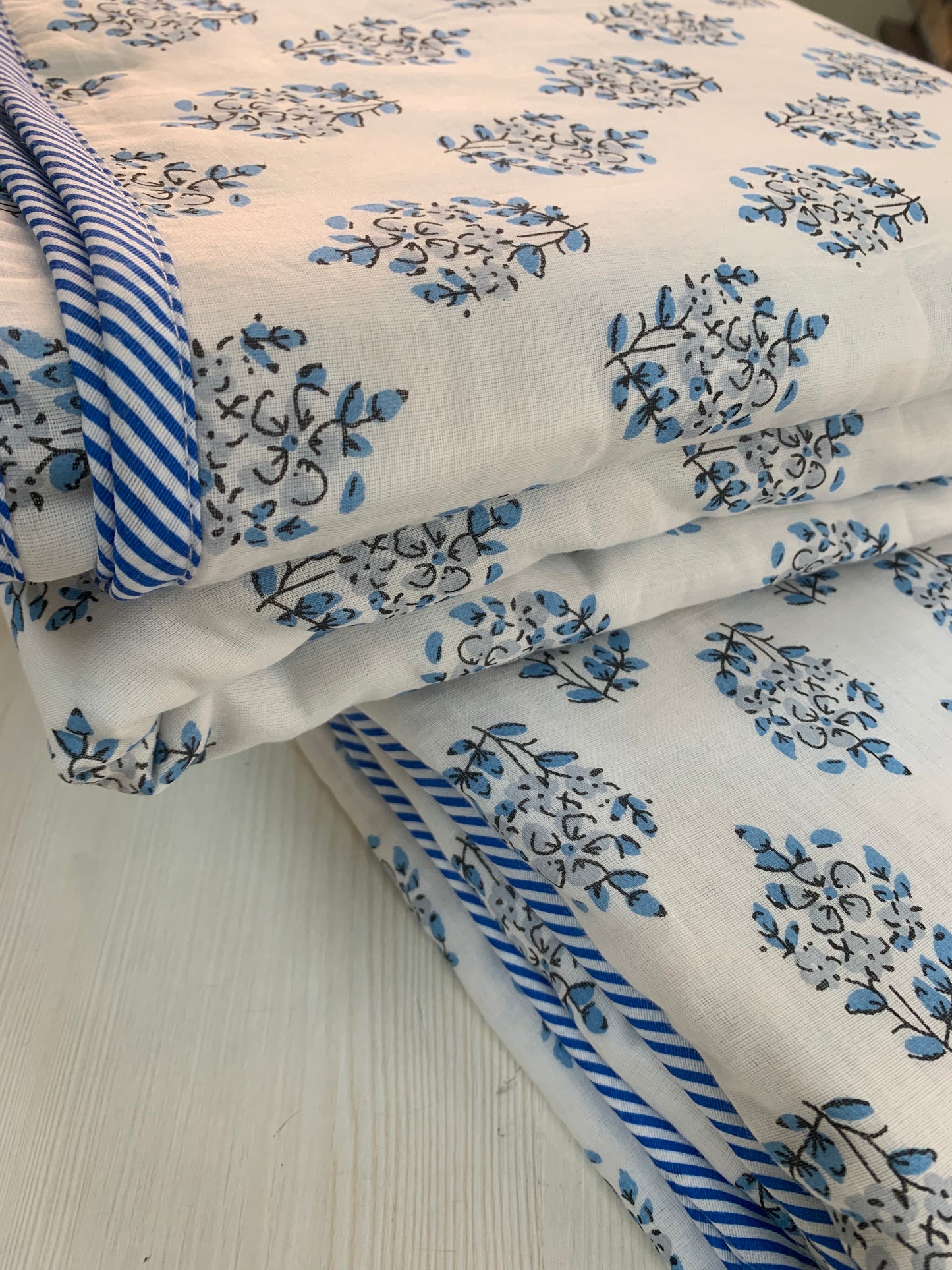 Serene White & Blue - MulMul Summer Dohar (Set of 2 Single Dohars)-The Label Home