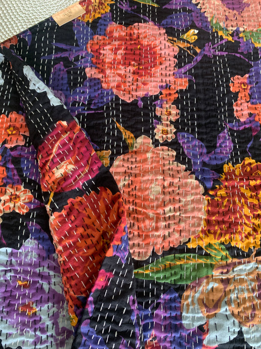 Graceful Floral Bloom Kantha Stitch Cotton Bedcover