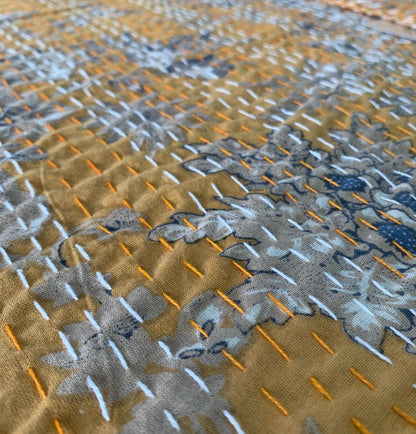 Mustard Red Grey Blue Kantha Bedcover-The Label Home
