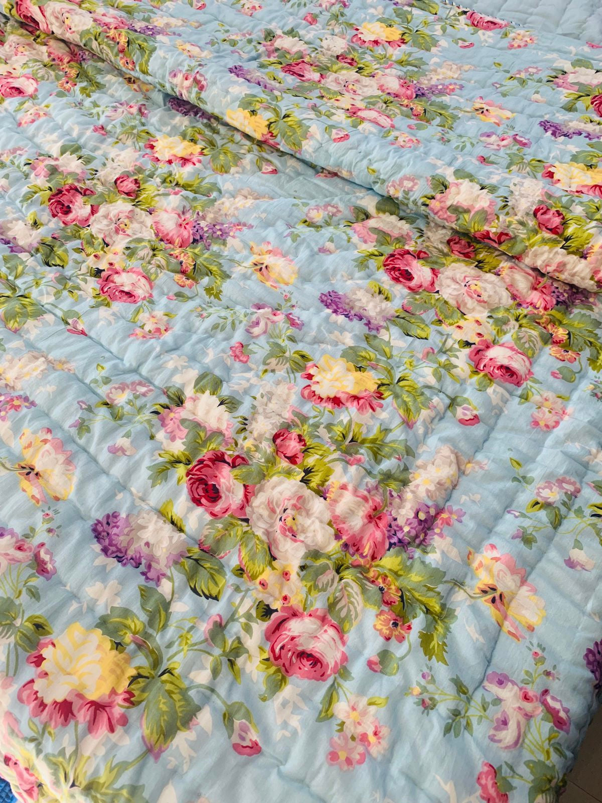 Quilt - Blue Spring Floral Premium Mulmul Quilt - Double Size 90x108 niches