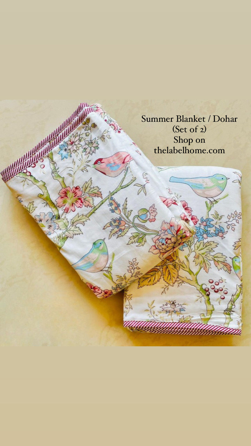 Pink / Blue / Red Chirpy Morning - MulMul Summer Dohar Blanket (Set of 2 Single Dohars)