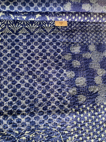 Handmade Cotton Kantha Bedcover - Indigo Patch Field Quilt