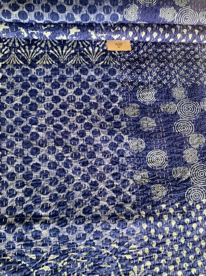 Indigo Patch Field Kantha Stitch Cotton Bedcover