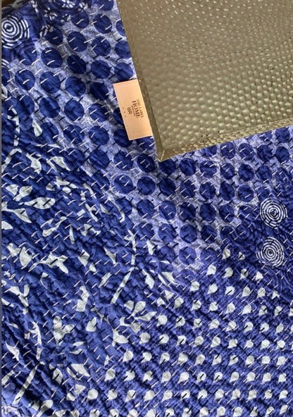 Handmade Cotton Kantha Bedcover - Indigo Patch Field Quilt