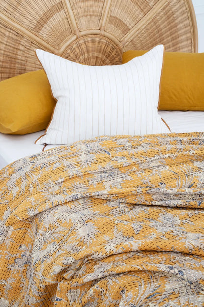 Mustard Red Grey Blue Kantha Bedcover-The Label Home