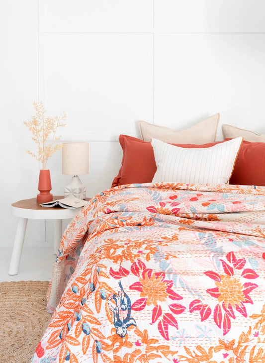 Tropical Sunrise Bloom Kantha Stitch Cotton Bedcover