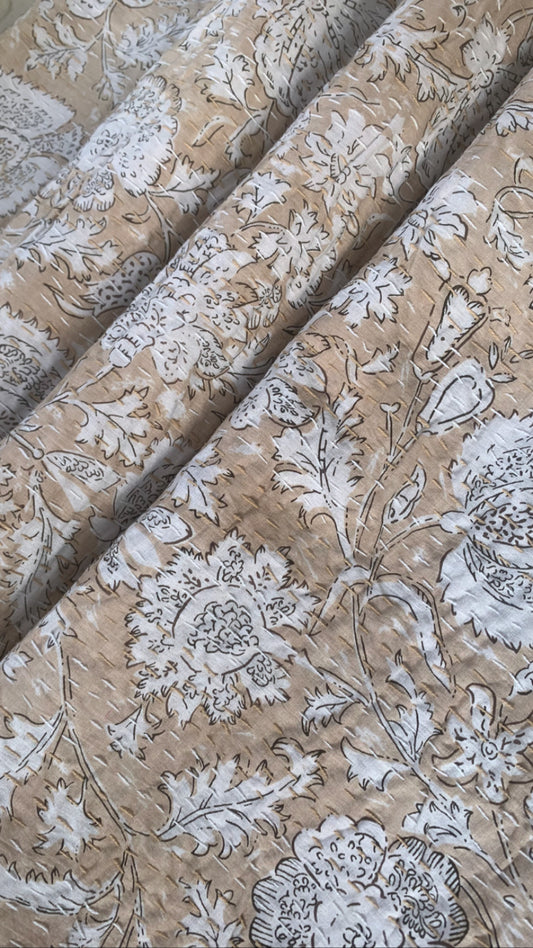 Aroma Beige Home Kantha Stitch Cotton Bedcover