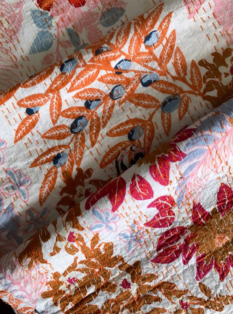 Tropical Sunrise Bloom Kantha Stitch Cotton Bedcover