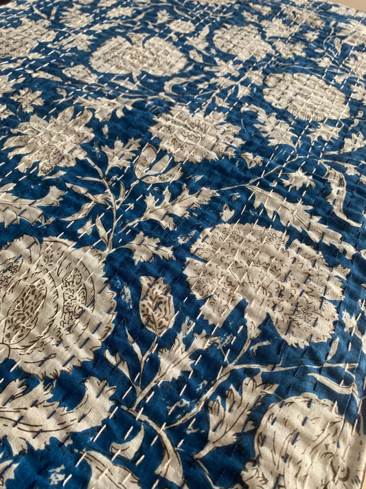 Rich Blue Floral Home Kantha Stitch Cotton Bedcover