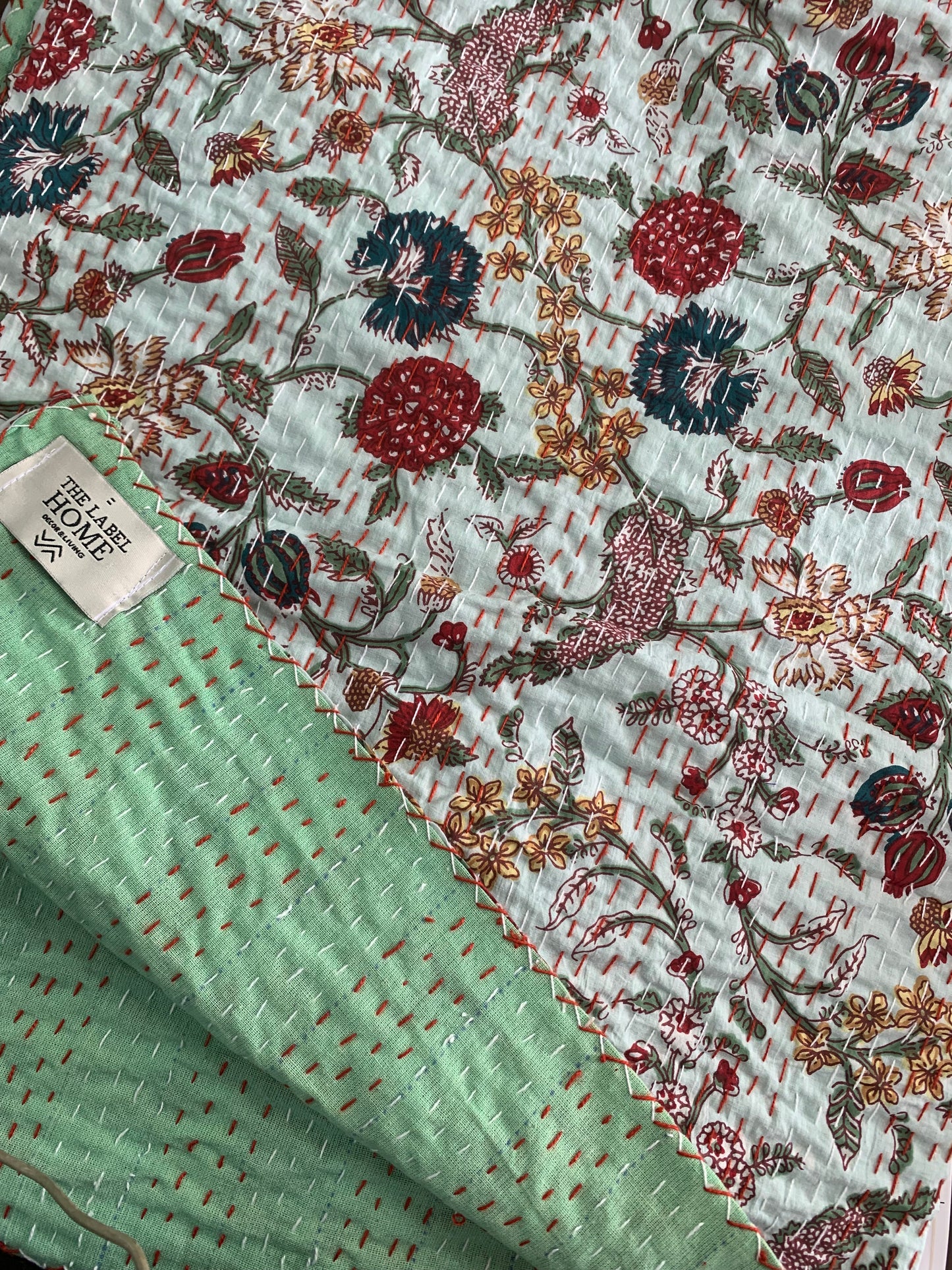 Sea Green Floral Kantha Stitch Cotton Bedcover