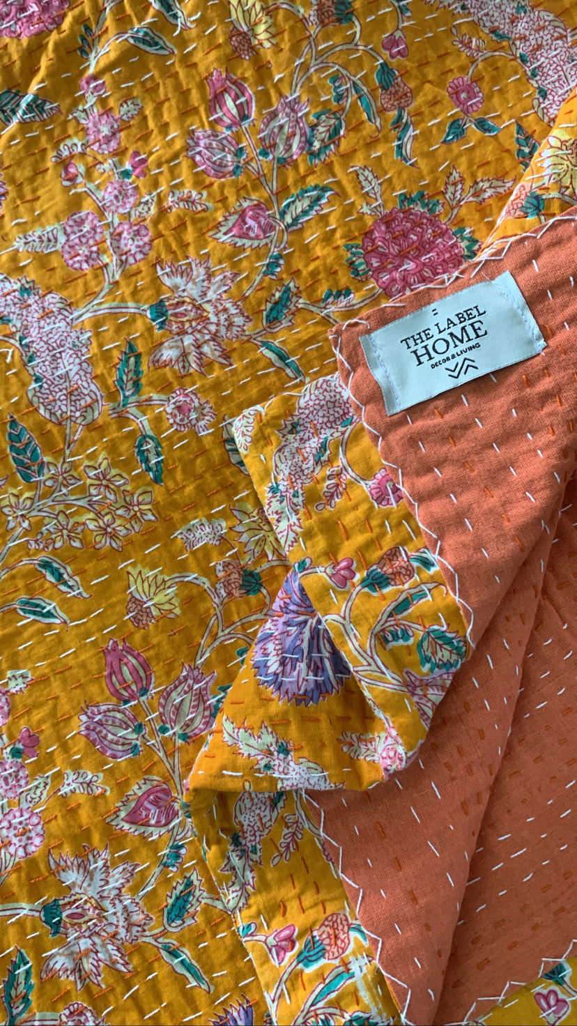 Auspicious Orange Bloom Kantha Stitch Cotton Bedcover