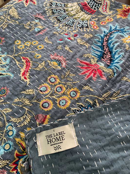 Luxury Grey Floral Kantha Bedcover-The Label Home