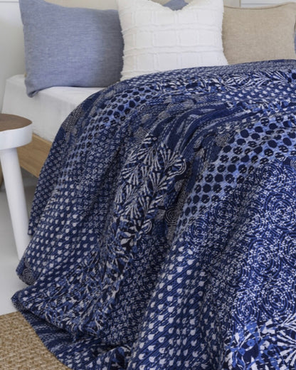 Handmade Cotton Kantha Bedcover - Indigo Patch Field Quilt