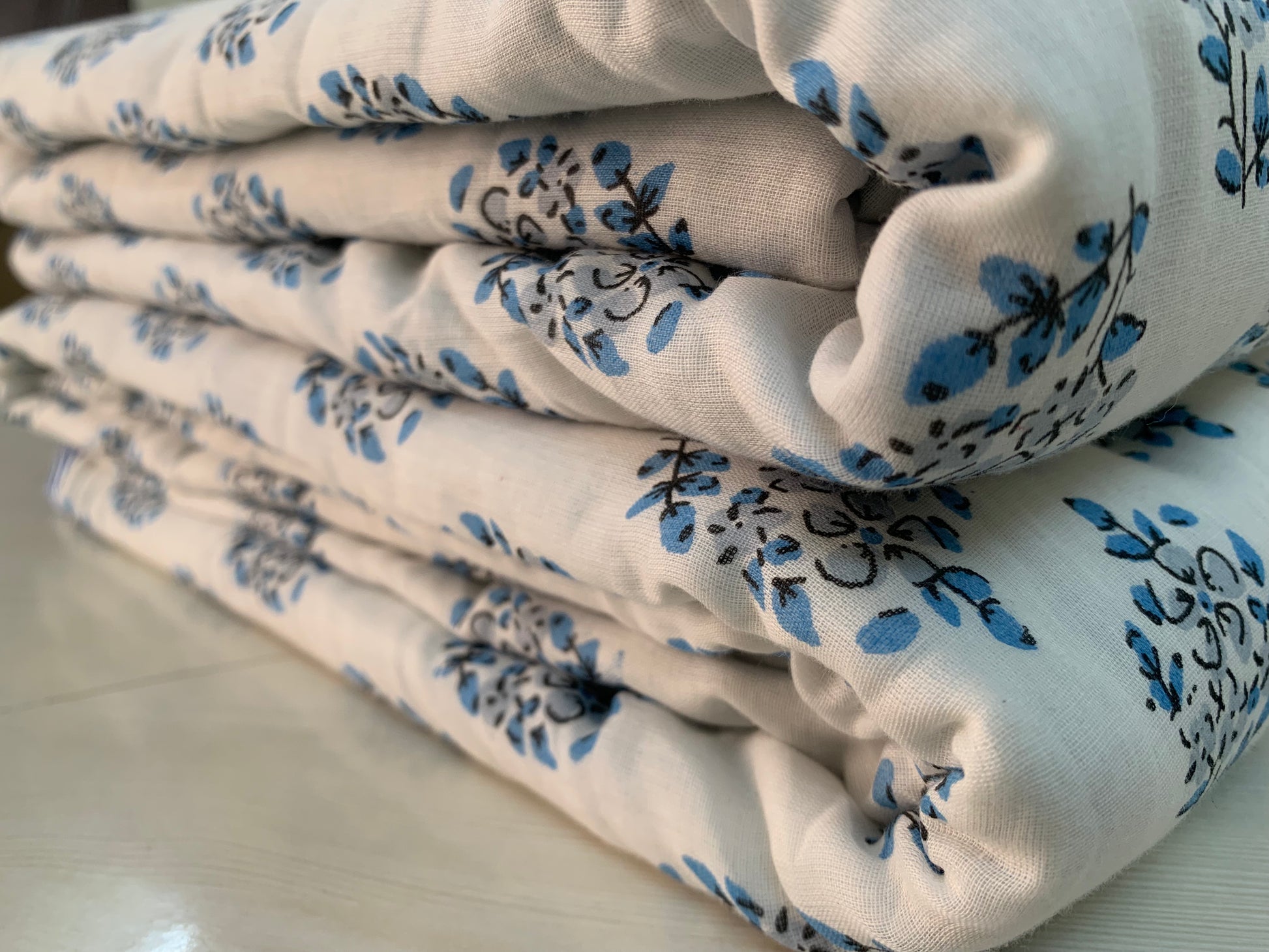 Serene White & Blue - MulMul Summer Dohar (Set of 2 Single Dohars)-The Label Home