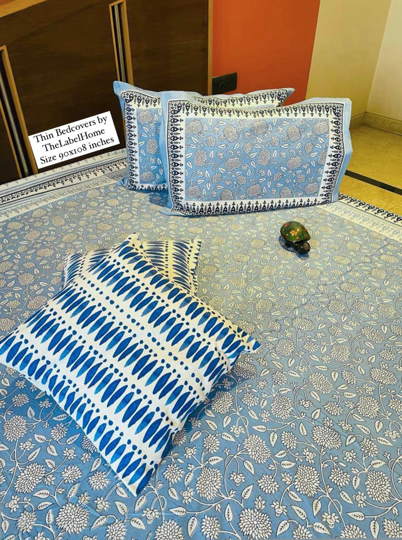 Soothing Blue Thin Cotton Printed Bedspread Bedcover (King Size)