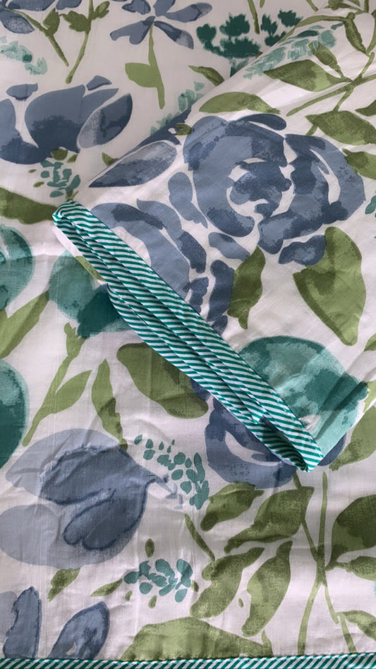 Teal Green Floral Spring Bloom - MulMul Summer Dohar (Set of 2 Single Cotton Muslin Dohar)-The Label Home