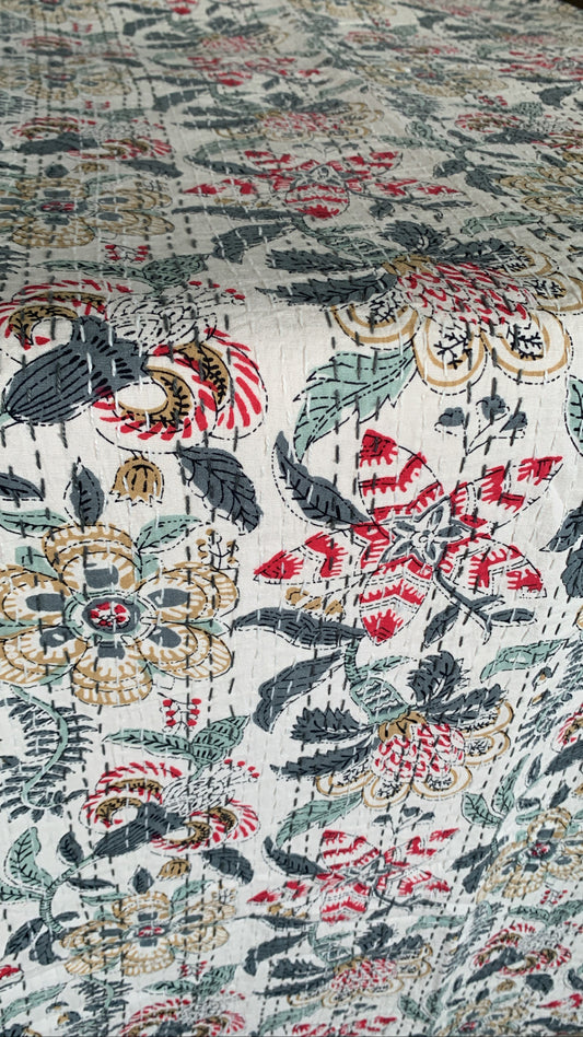 Floral Snow Kantha Bedcover