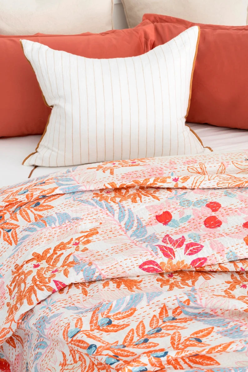 Tropical Sunrise Bloom Kantha Stitch Cotton Bedcover