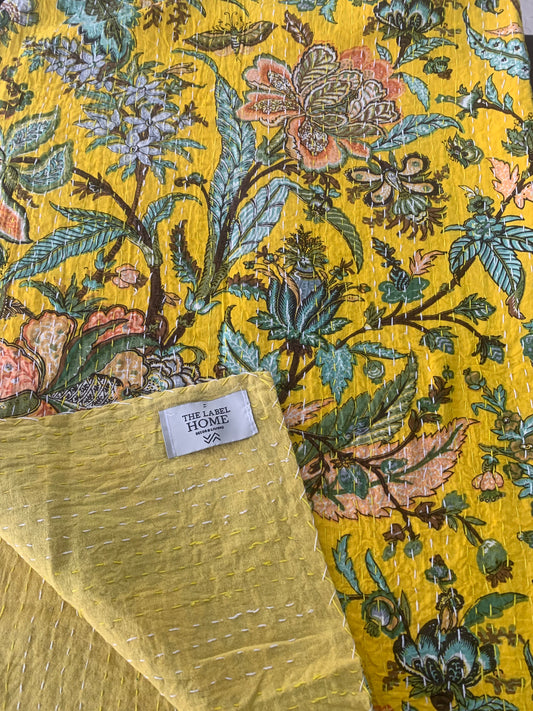 Yellow Gold Bloom Home Kantha Stitch Cotton Bedcover – Handcrafted, Soft & Breathable – King Size