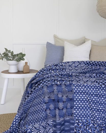 Handmade Cotton Kantha Bedcover - Indigo Patch Field Quilt